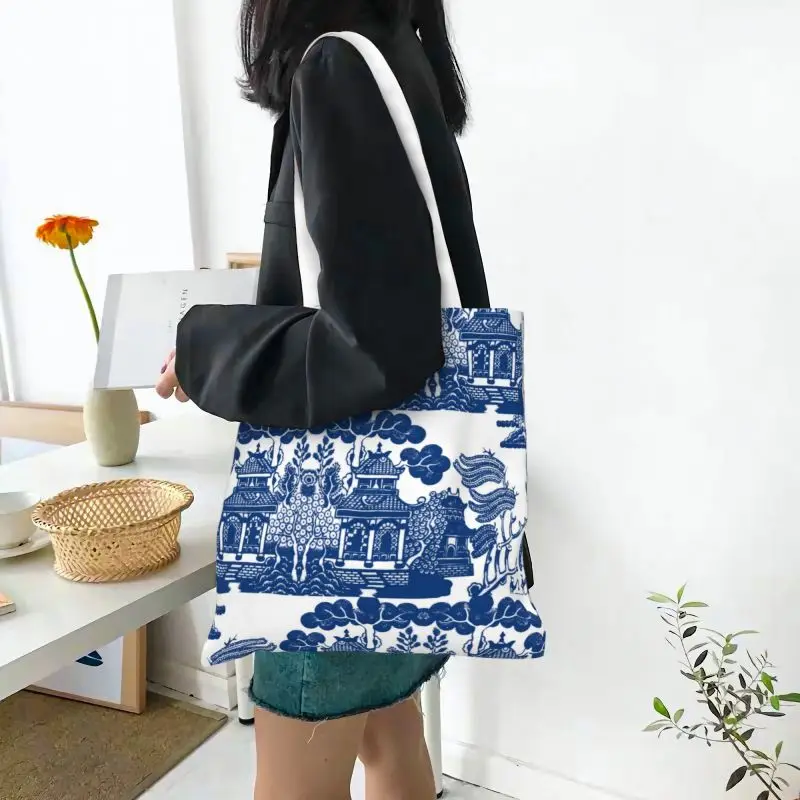 Chinoiserie de sauce azul reutilizable, bolso de compras de inspiración de porcelana azul y blanca, bolso de mano de lona de hombro, bolsas de compras