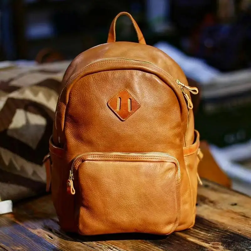 

casual designer handmade genuine leather men's women's large-capacity backpack vintage travel real cow leather laptop bagpack