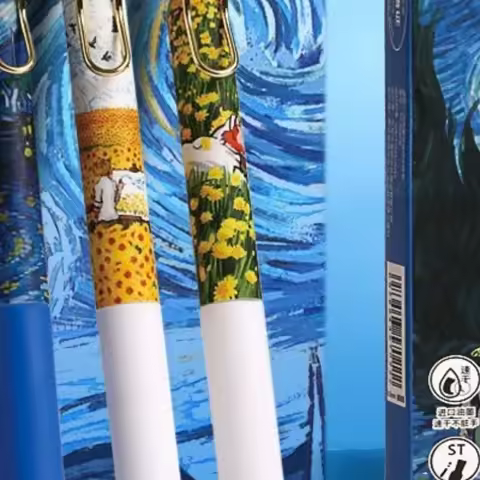 4Pcs/Box Trendy Van Gogh Oil Painting Press Gel Pen Black Ink 0.5mm Ballpoint Pens Stationery Quick-Drying Pens For Student