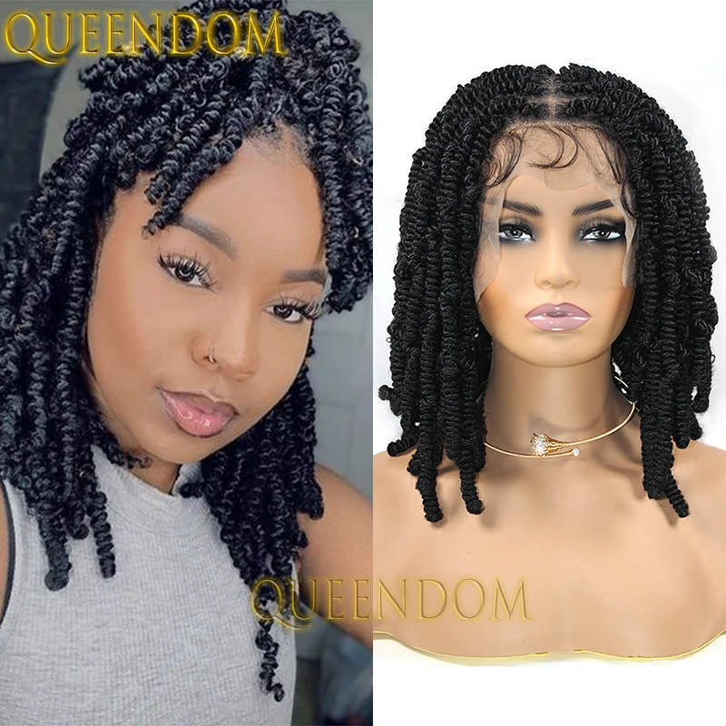 

12 Inch Natural Spiral Curls Short Bob Wig Knotless Full Lace Box Braided Wig Synthetic Bouncy Spring Twist Braids Dreadlock Wig