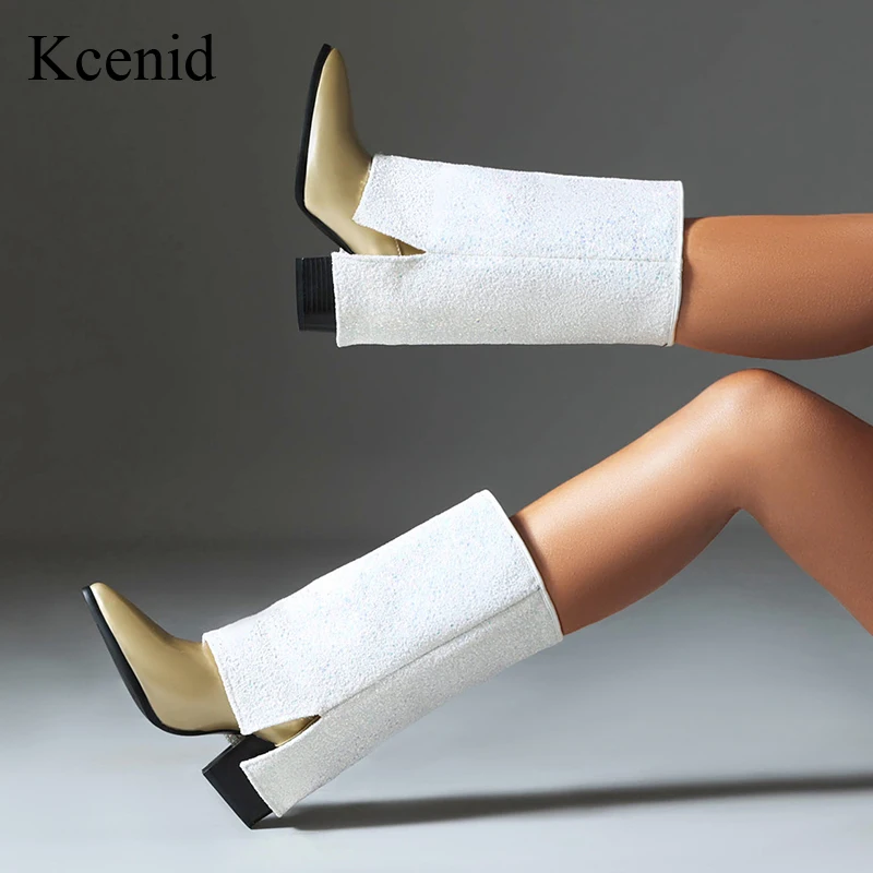 

Kcenid New Turned-Over Edge Glittering Boots Autumn Winter Pointed Toe Square High Heels Cowboy Mid-calf Boots Women Shoes 2023