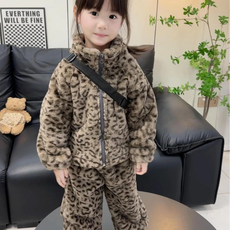 2025 Winter New Children's Thick Leopard Pattern Imitation Rabbit Hair High Collar Zipper Coat and Pants Two Piece Set