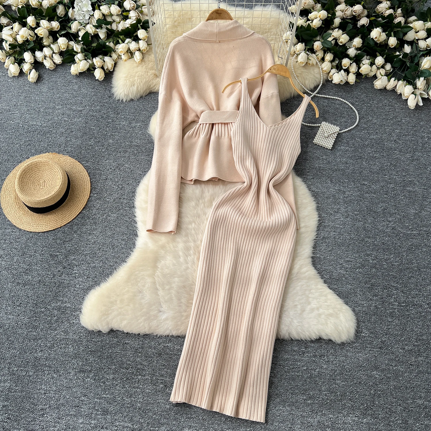 Women Two-Piece Sets Vintage Turn-down Collar Bandage Long Sleeve Top Straps Dresses Korean High Street Winter Knitted Clothing