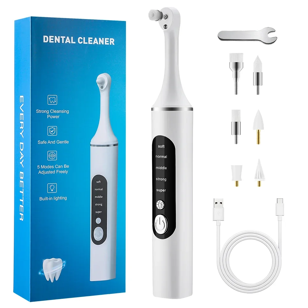 Electric Tooth Polisher Teeth Whitening Cleaner 5 Speed Modes with 6 Brush Heads LED Light Plaque Dental Tartar Remover Tool Set