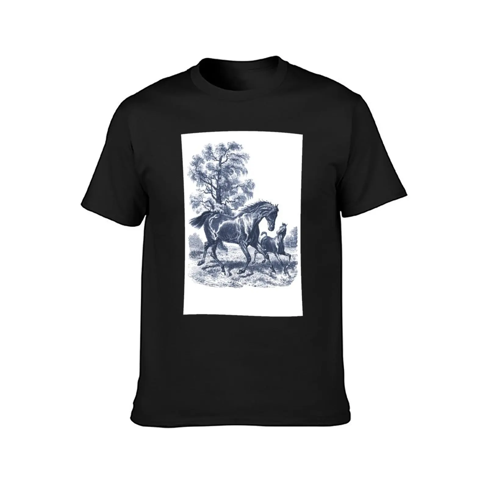 Classic Elegant Blue French Toile Horse Rustic Country Pattern T-Shirt for a boy tops oversized t shirt men