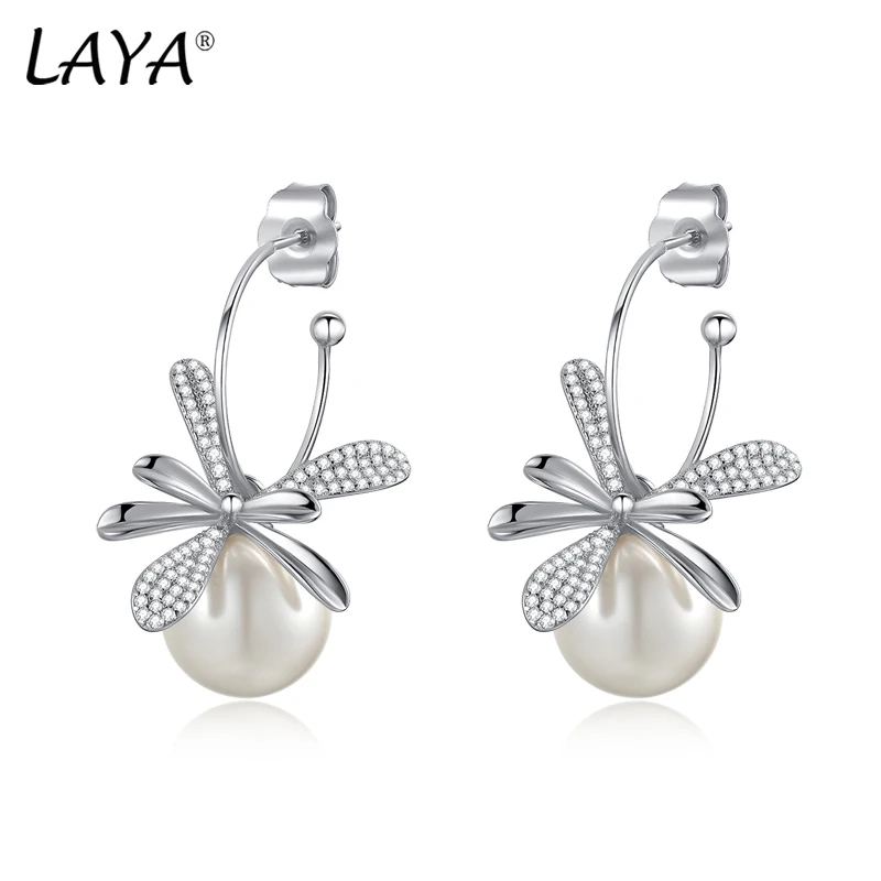 LAYA Pure 925 Sterling Silver Shell Pearl Flower Earrings Women Girl Engagement Wedding Luxury Piercing Ear Fine Jewelry