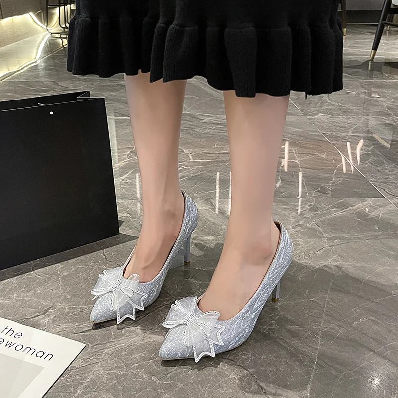 Women's Pumps Cinderella Shoe Rhinestone High Heels Women Pointed Toe Bow-knot Shoe Crystal Party Wedding Shoes Zapatillas Mujer