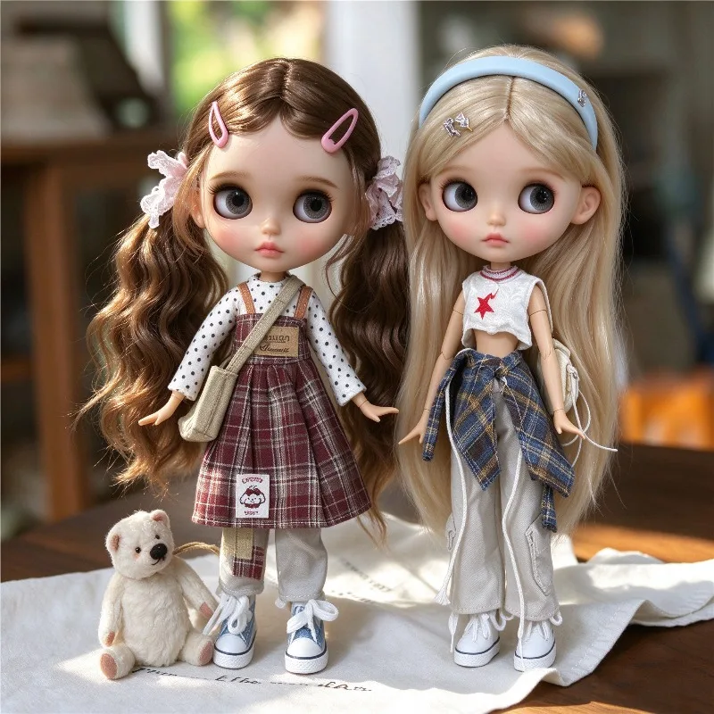 For Blythe Doll Outfit Clothing Preppy Plaid Skirt Polka Dot Top Flare Cargo Pants Clothes For OB24 OB22 Small 1/6 Azone Doll