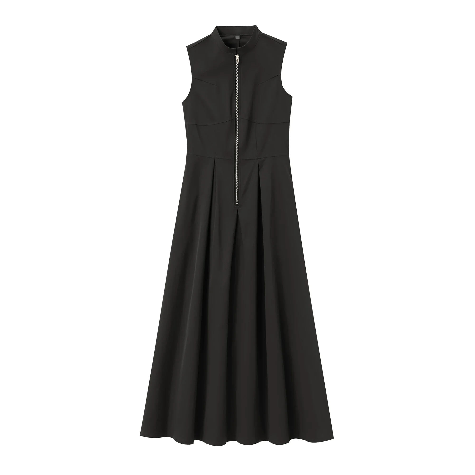Women Sleeveless Pleated Women Maxi Long Skirt Summer Front Zipper Pockets Slim A Line Big Hem Female Dress Y2K Holiday Dress