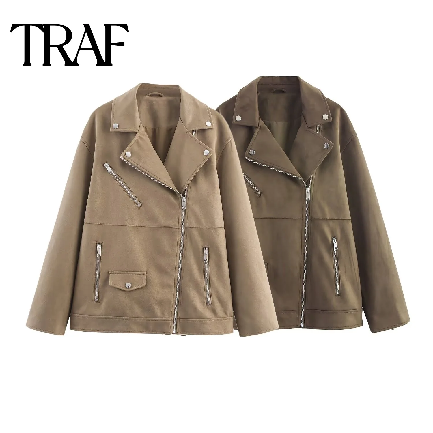 

TRAF Women's Autumn New Collection 2025 Fashionable French Collar Long Sleeve Retro Loose Zipper Motorcycle Jacket Coat