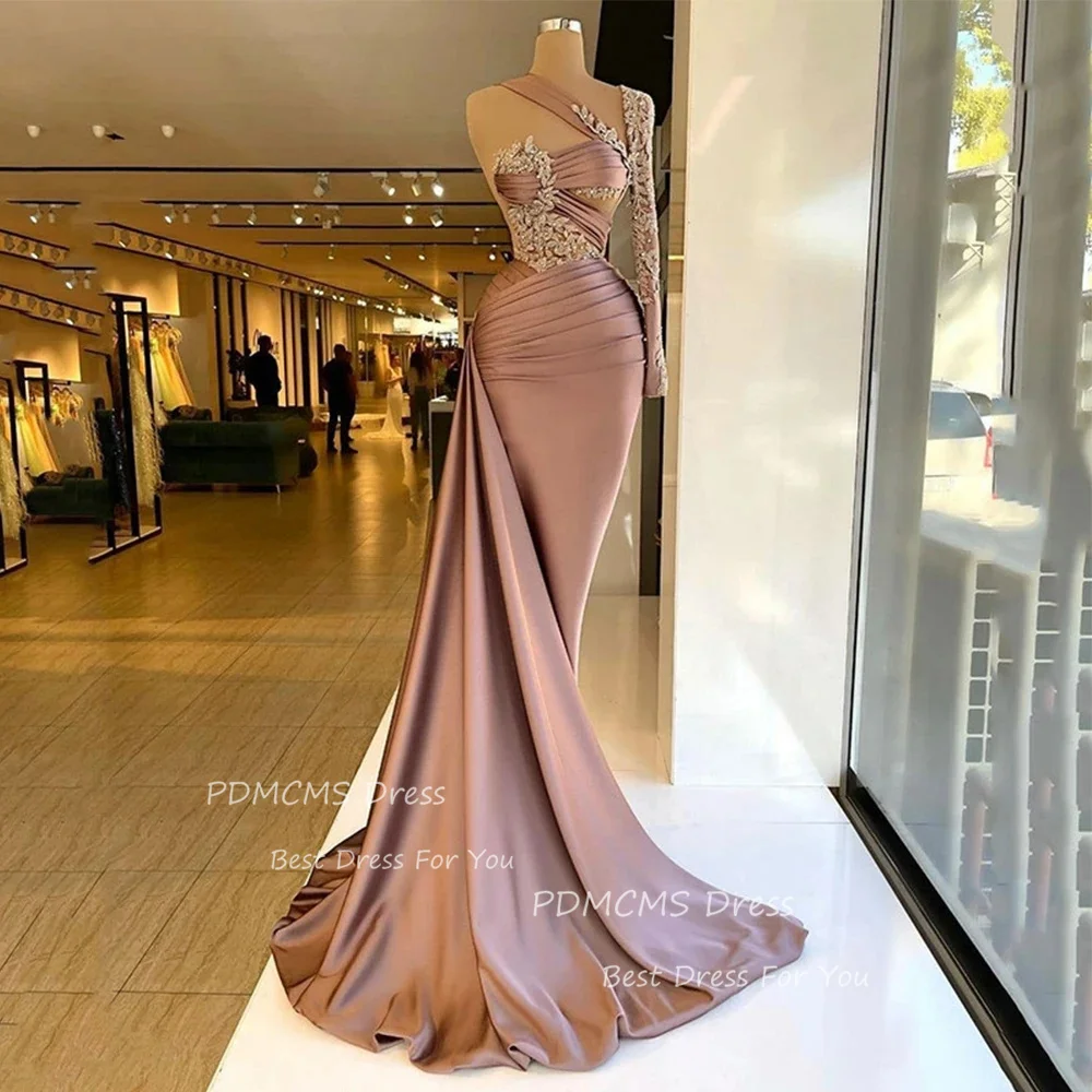 

Gorgeous One-Shoulder Evening Dresses Beaded Satin Party Gowns Formal Bride Long Sleeve Beach Party Dress Gala فساتين السهرة