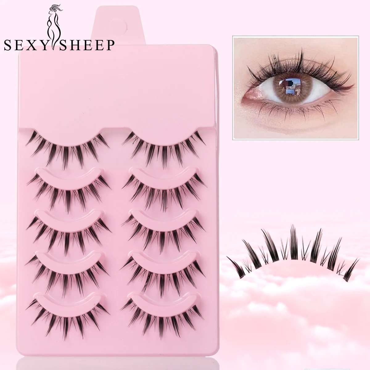SEXYSHEEP 5 쌍 고양이 눈 가짜 속눈썹 자연 모양 코스프레 메이크업 수제 만화 속눈썹 투명 밴드