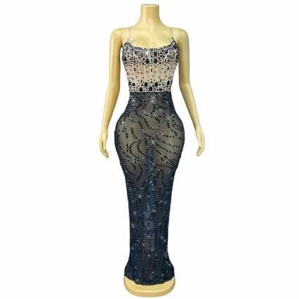 Elegant design sexy openwork rhinestone long dress evening red carpet gown fashion show outfit black diamond gown