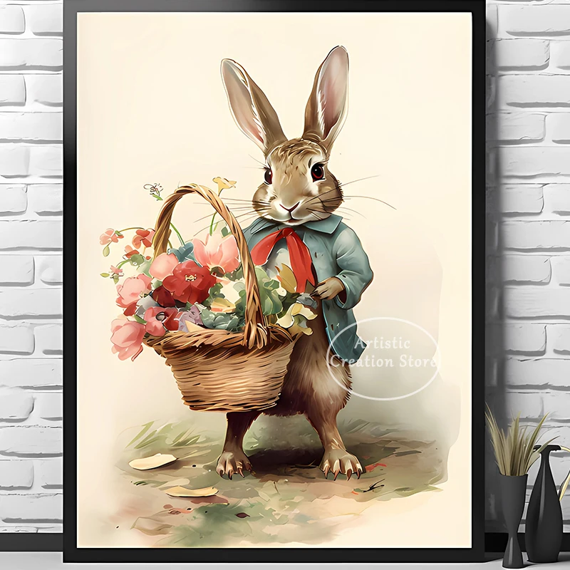 Easter Victorian Rabbit Family Print Canvas Painting Vintage Spring Bunny Wall Art Picture for Bedroom Living Room Home Decor