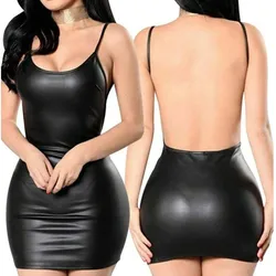 Sexy Faux Leather Dress Backless Club Party Short Dress Solid Black Wet Look Latex Bodycon Push Up Bra Mini Micro Dress