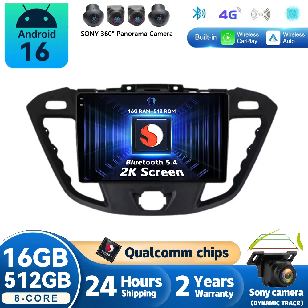 Android 16 Car Radio For Ford Transit Tourneo Custom 2012 - 2021 Navigation GPS Multimedia Player Stereo wifi+4G Carplay BT 2DIN