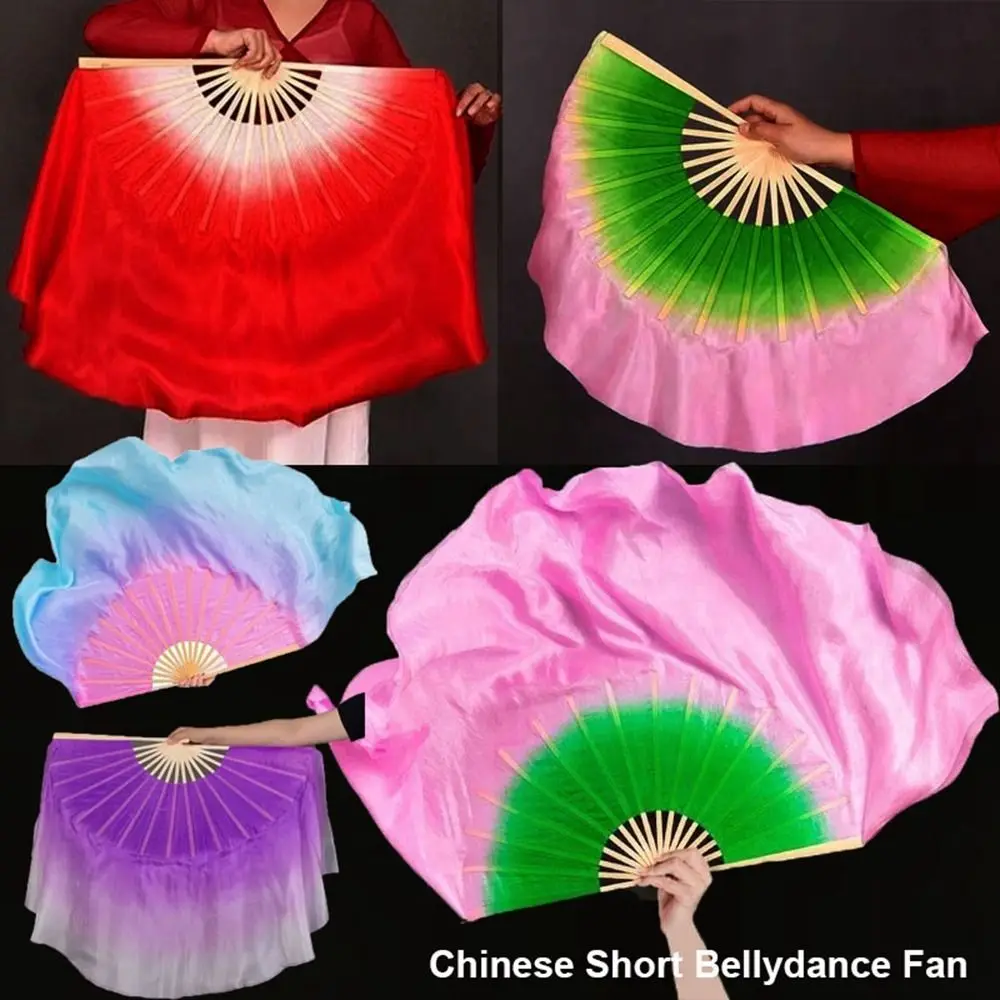 

31cm Bamboo Chinese Short Bellydance Fan Dancer Practice 10cm Half Circle Silk Veil Pairs Yangko Dance Bamboo Fans Multicolors