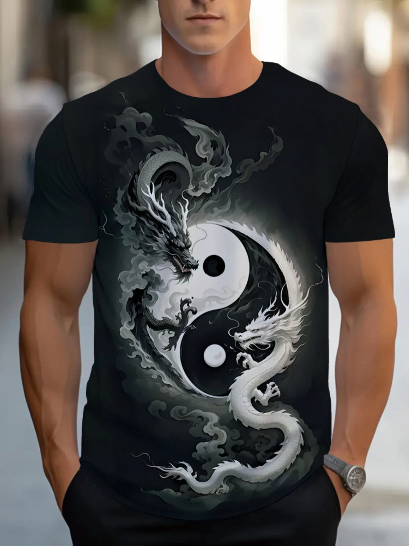 Men's Yin Yang Double Dragon Ink Print T-Shirt Chinese Traditional Cloud Graphic Crew Neck Short Sleeve Tee