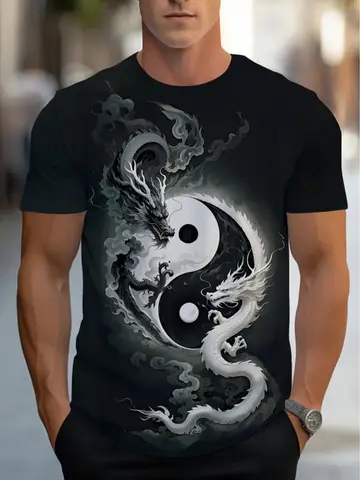 Men's Yin Yang Double Dragon Ink Print T-Shirt Chinese Traditional Cloud Graphic Crew Neck Short Sleeve Tee
