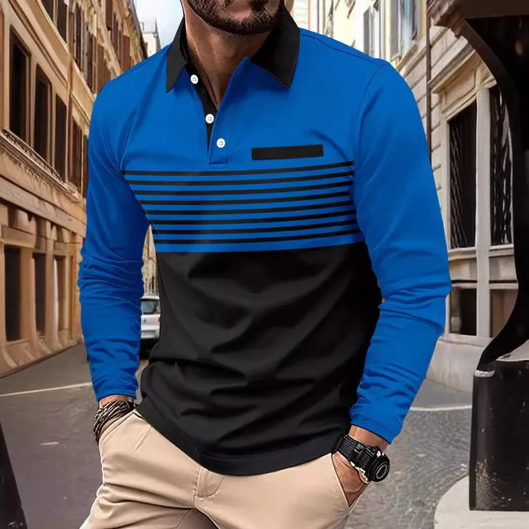2024 Spring And Autumn Men's Hot Selling Polo Shirt Long Sleeve Striped Printed Color Contrasting Men's Casual Polo Shirt