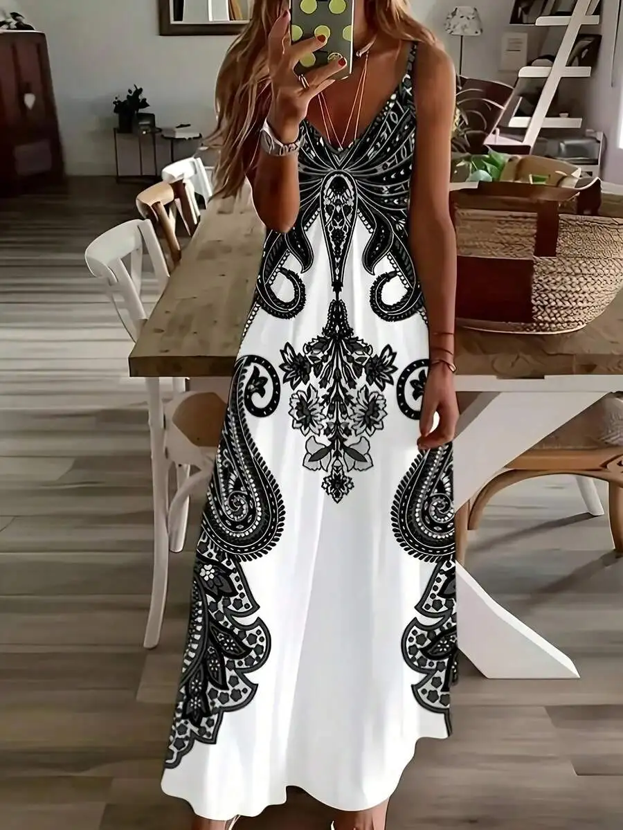 

Vintage Printed V-Neck Sleeveless Maxi Dress For Women Summer Casual