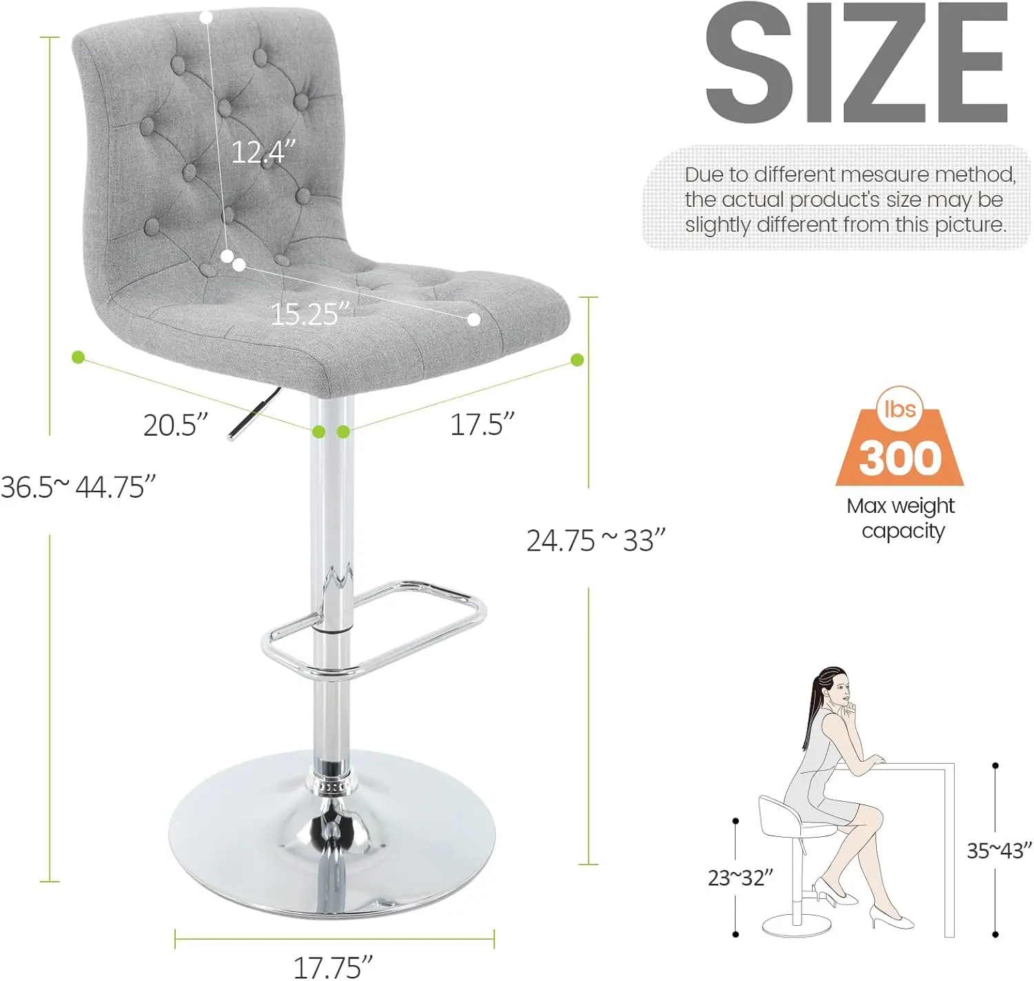 Tufted Fabric Bar Stools Set of 2, Adjustable Swivel Counter Height with Back, Upholstered Armrests (Light Grey)