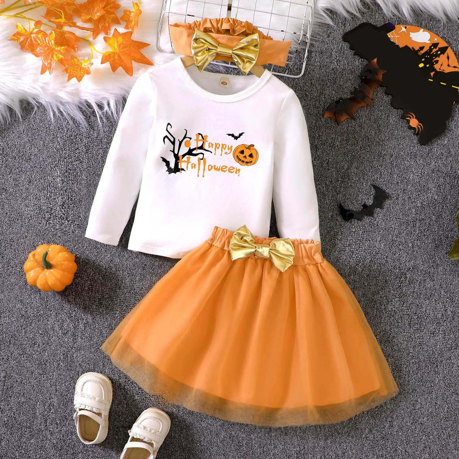 My First Halloween Baby Outfits For Girls Pumpkin Bodysuit+Orange Tulle Skirts+Hairband 3Pcs Sets Winter Party Halloween Costume