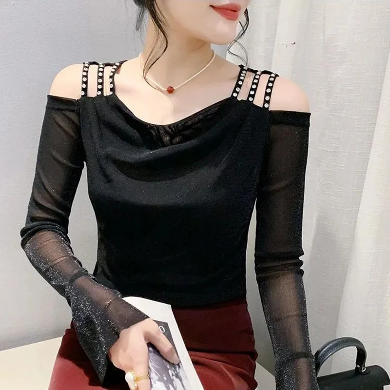 New Autumn Chic Hollow Out Diamonds Beading Long Sleeved Women's T-Shirt Elegant Draped Slim Shiny Mesh Tops Tees Blusas