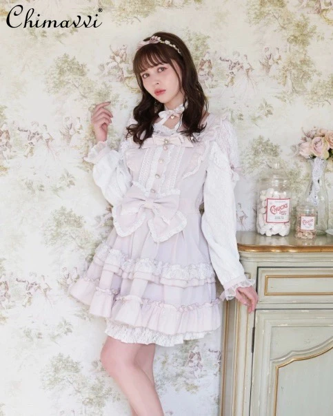 Liz Style Sweet Lace Off-the-shoulder Dress Spring Lolita Cute Bow Japanese Mass-produced Angel Elegant Women's Cake Dresses