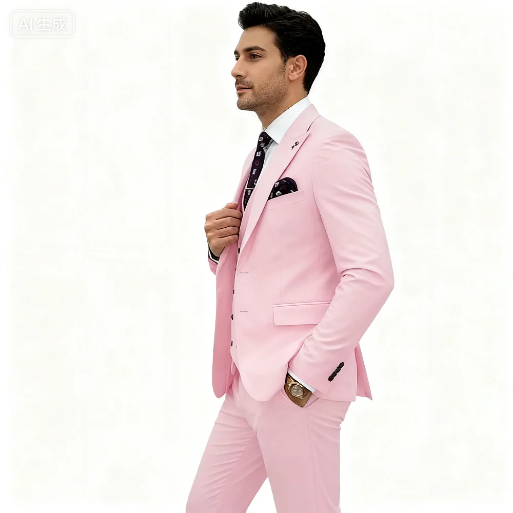 

Элегантный розовый мужской костюм-смокинг из трех предметов с пиковыми лацканами, пиджаком, жилетом и брюками, комплект для свадьбы, делового банкета, наряда жениха