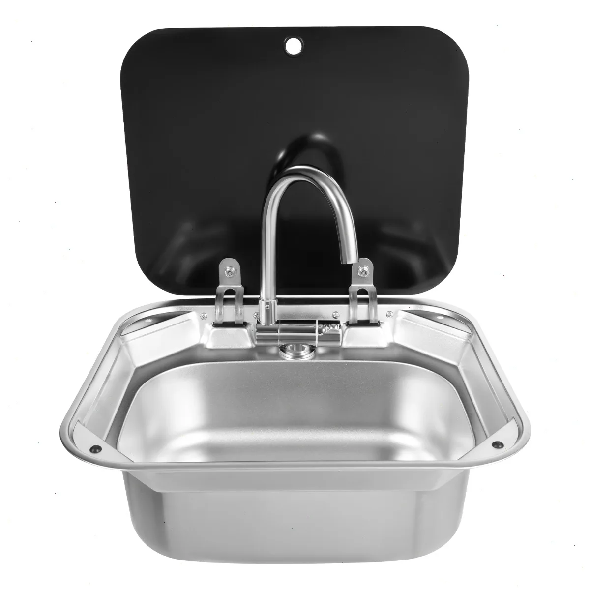 Kitchen Sink, Rv Sink, Water Sink, 304 Stainless Steel, Bathroom Camper, Faucet and Accessories Kit, Black Tempered Glass Cover, Dual-use Countertop, Motorhome, Modern, Corrosion Resistant, Easy Install