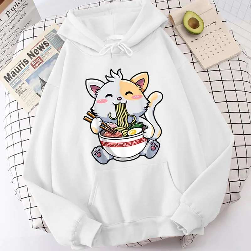 New Fashion Autumn And Winter Sweatshirts Cute Cat Ramen Printing Hoodies Fashion Women Men Streetwear Long Sleeve Pullover