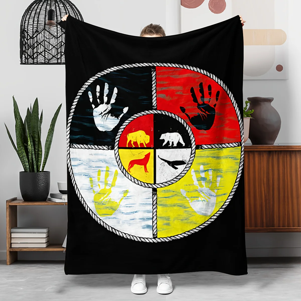 Cozy Throw Blanket Retro Boho Family Handprint Animal Pattern Abstract Jungle Decor Unique Gift for Home Living Room Aesthetic