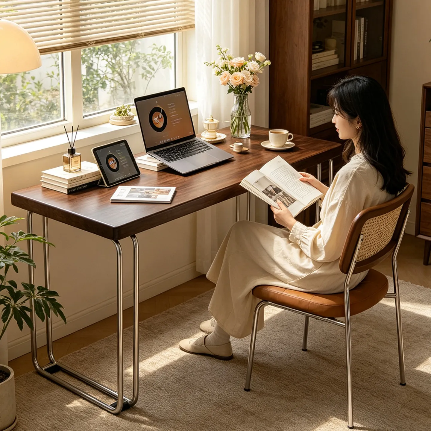 Mid-century style solid wood desk, large tabletop desk for home use, suitable for small apartments, workstation, computer desk,