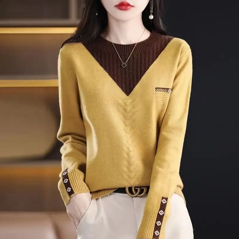 Women Clothing 2023 Autumn Winter Korean Style Patchwork Elegant Chic Knitted Sweaters Casual O Neck Long Sleeve Loose Pullovers