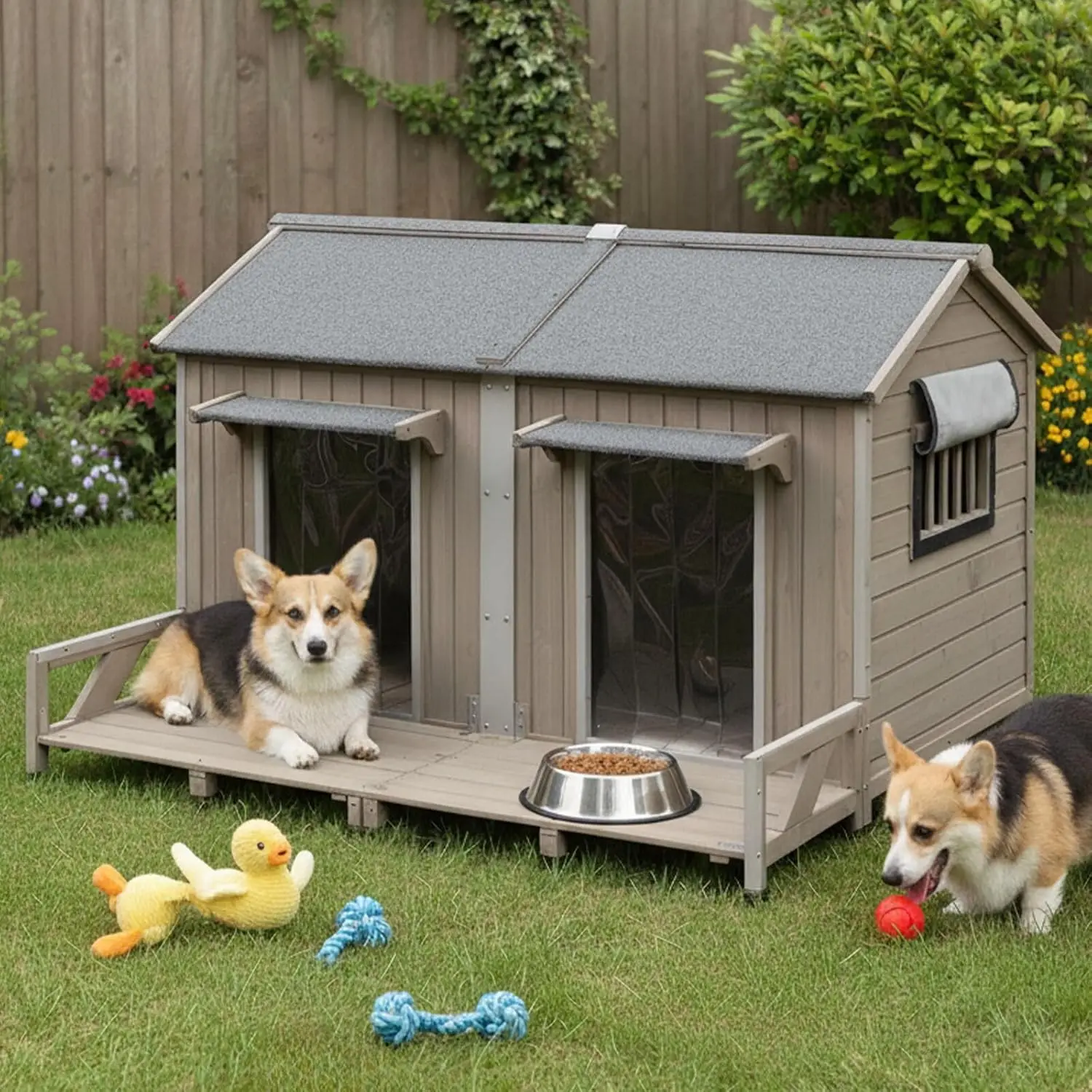 

Деревянный домик для собак XL с 2 дверями, всепогодный, с железным каркасом, открывающейся крышей, 2 окнами, для улицы и дома, 59''Д, на заказ