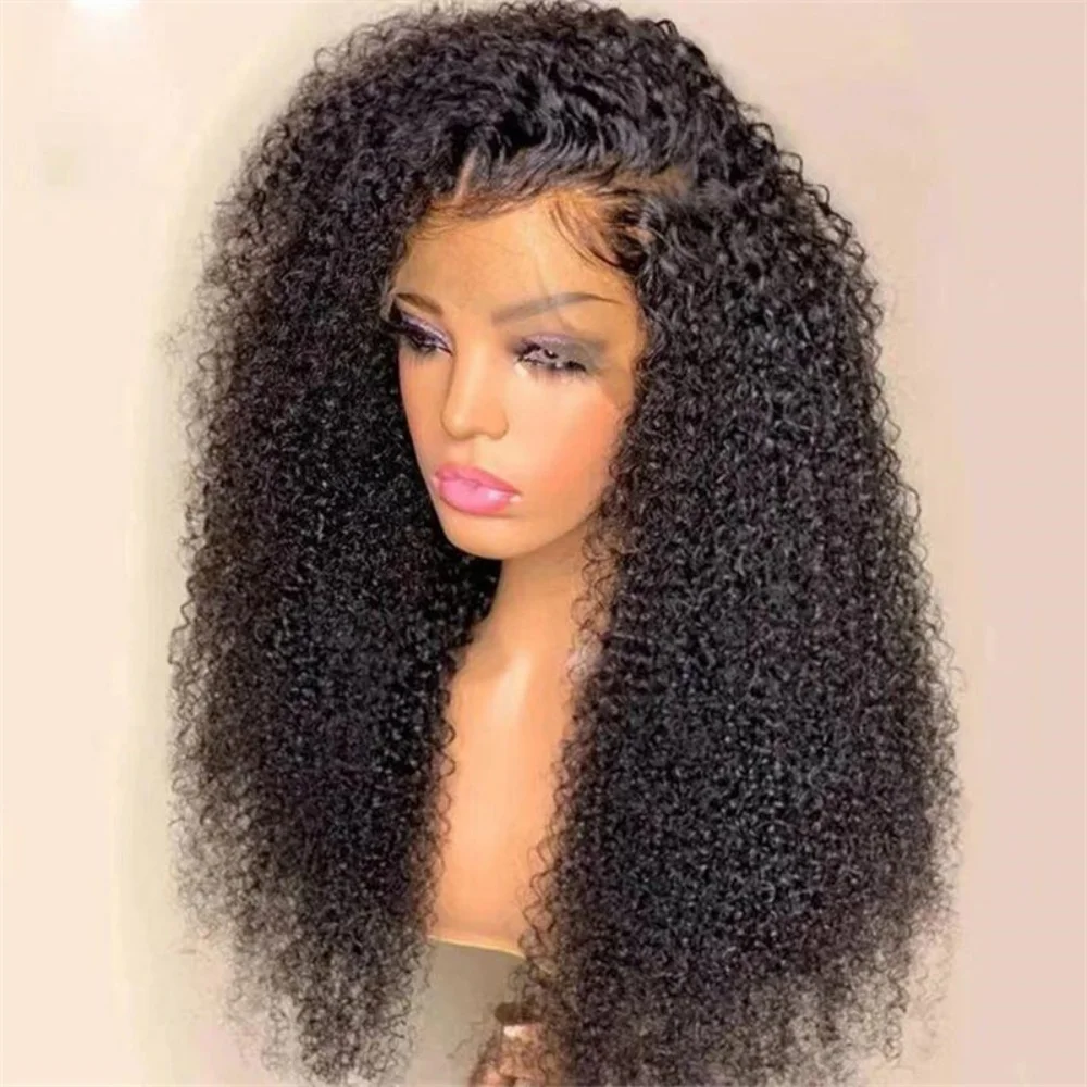 Suave natural negro rizado 180 densidad 26 pulgadas de largo sin pegamento peluca con malla frontal profunda para mujeres con pelo de bebé prearrancado diario