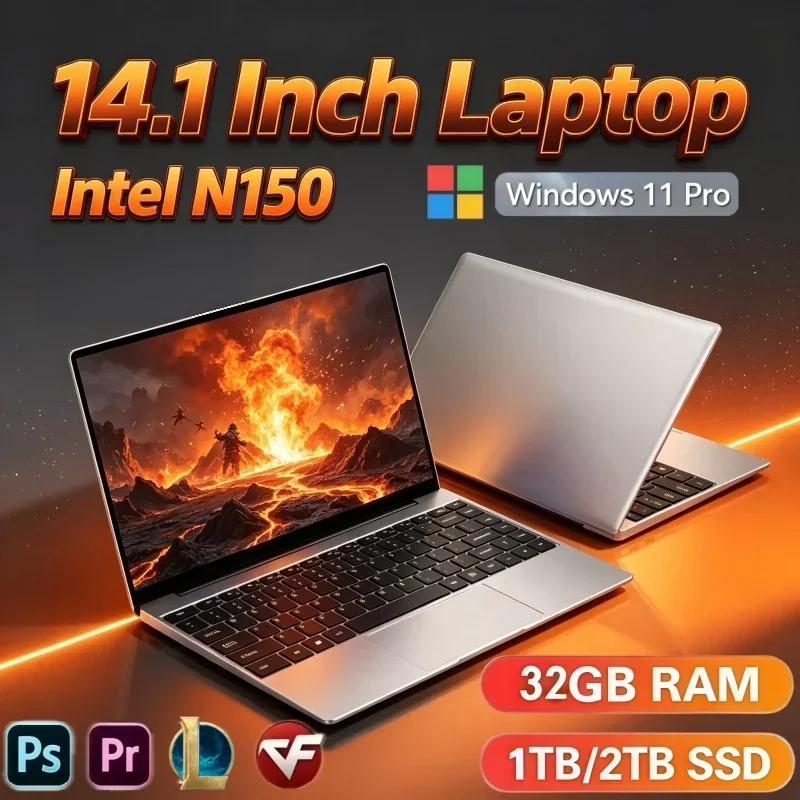High Performance 14.1 Inch Notebook Intel N150 Windows 11 32GB RAM 2TB SSD Ultra‑Thin Laptop For Office Work Use