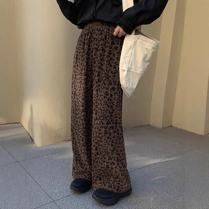 

2025 Autumn Winter Women's Corduroy Leopard Print Pants High-Waisted Wide Leg With Elastic Waist Soft Loose Versatile Trousers