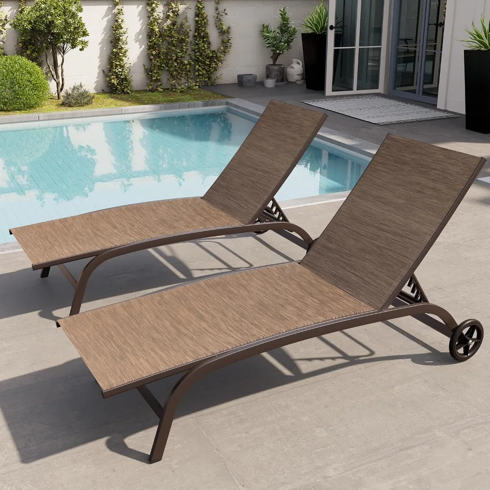 Outdoor Loungers on Wheels (Set of 2), Pool Loungers with 5 Adjustable Positions for Patio, Poolside, Brown