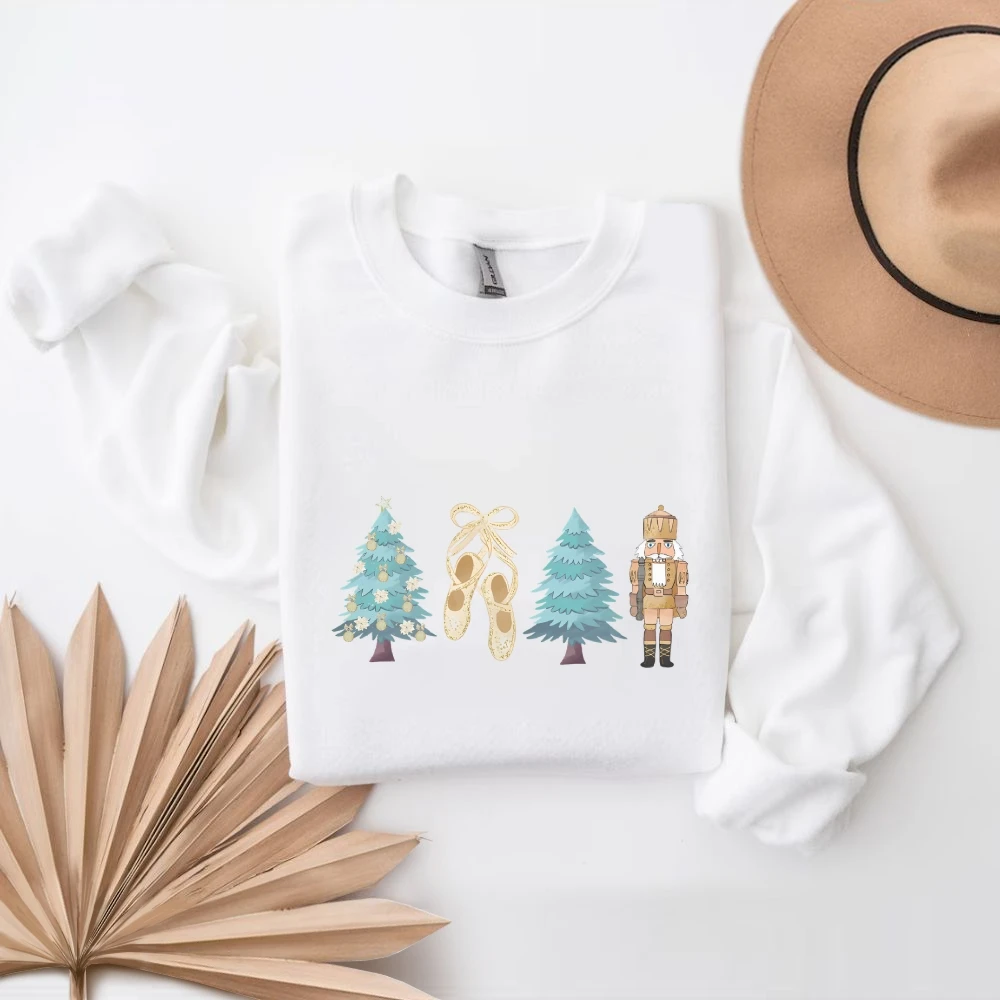 Christmas Nutcracker Print Sweatshirt Casual Long Sleeve Sweater For Autumn & Winter Xmas Funny Shirt Kawaii Holiday Season Gift