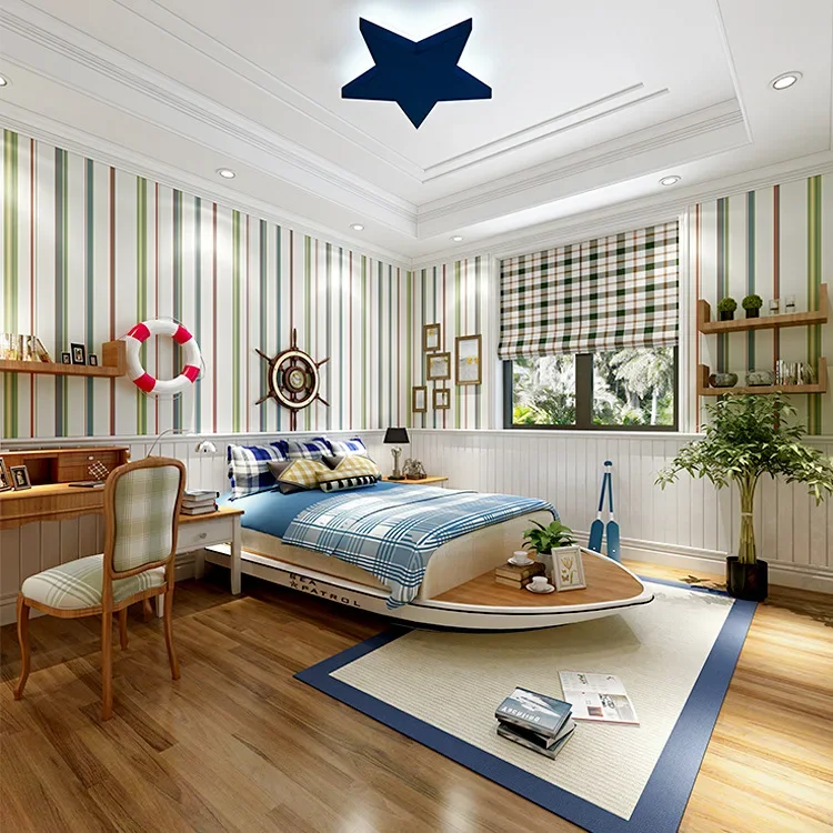 Mediterranean British Blue Color Vertical Stripes Wallpaper Modern Simple Living Room Bedroom Background Wall Children's Pure