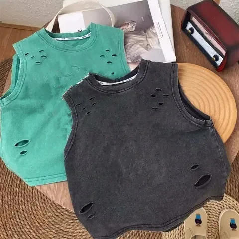 

baby girls boys sleeveless tshirt children clothing washed distressed vest summer cotton toddler kids clothes holes 2 to 8 years