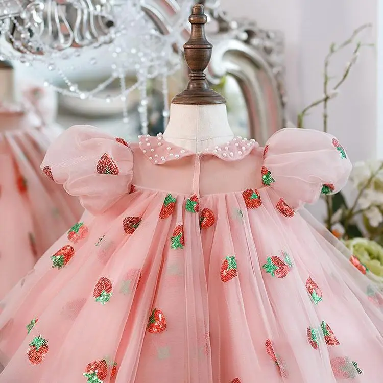 Baby Girls Cute Doll Collar Beading Strawberry Patterns Design Princess Ball Gown Children Birthday Party Fulffy Dress y1024