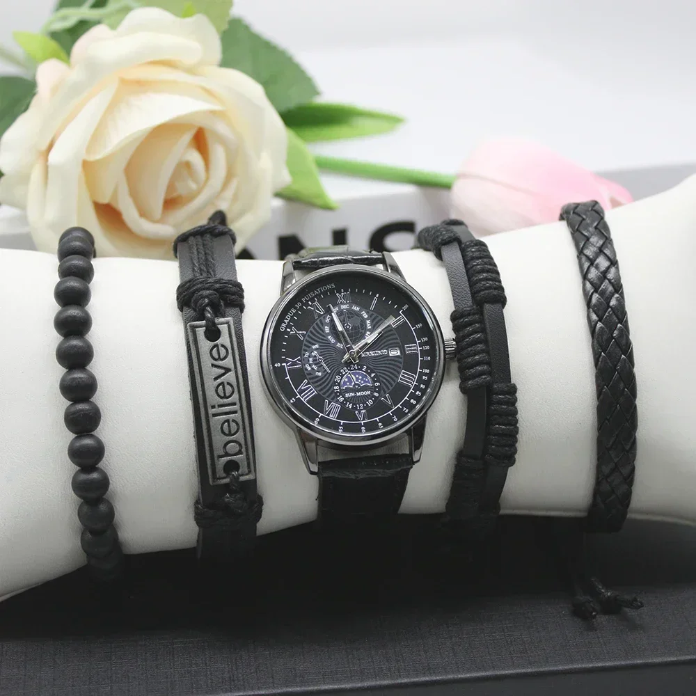 ساعة كوارتز بسيطة وأنيقة مع حزام تقويم ، سوار متعدد الوظائف ، إكسسوارات للطلاب المراهقين ، مجموعة 5 *