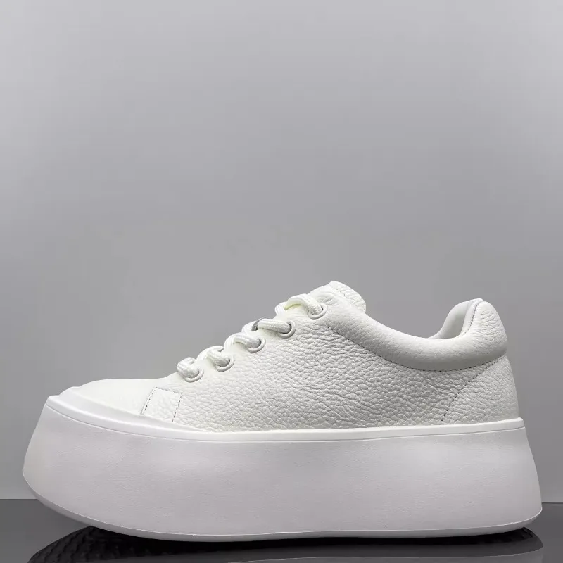 Genuine Leather White Shoes for Men's Korean Version Design Fashiona Casual Board Shoes Thick Sole Height Increasing Bread Shoes