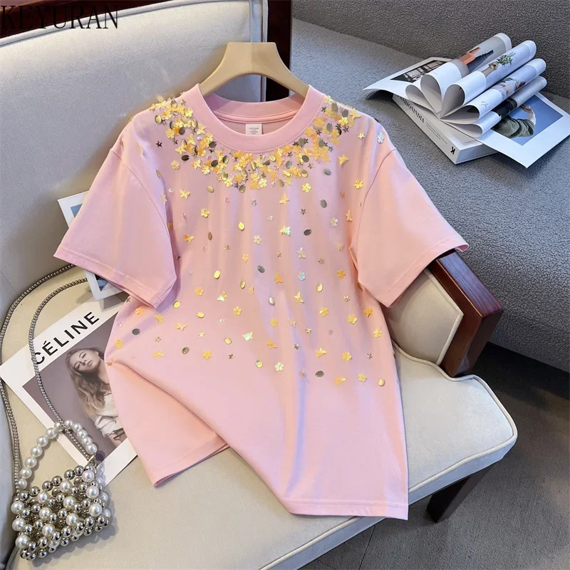 2024 Summer Oversized T Shirt Women Korean Fashion Sequins T-Shirts Round Neck Short Sleeve Casual Loose Comfortable Cotton Tops