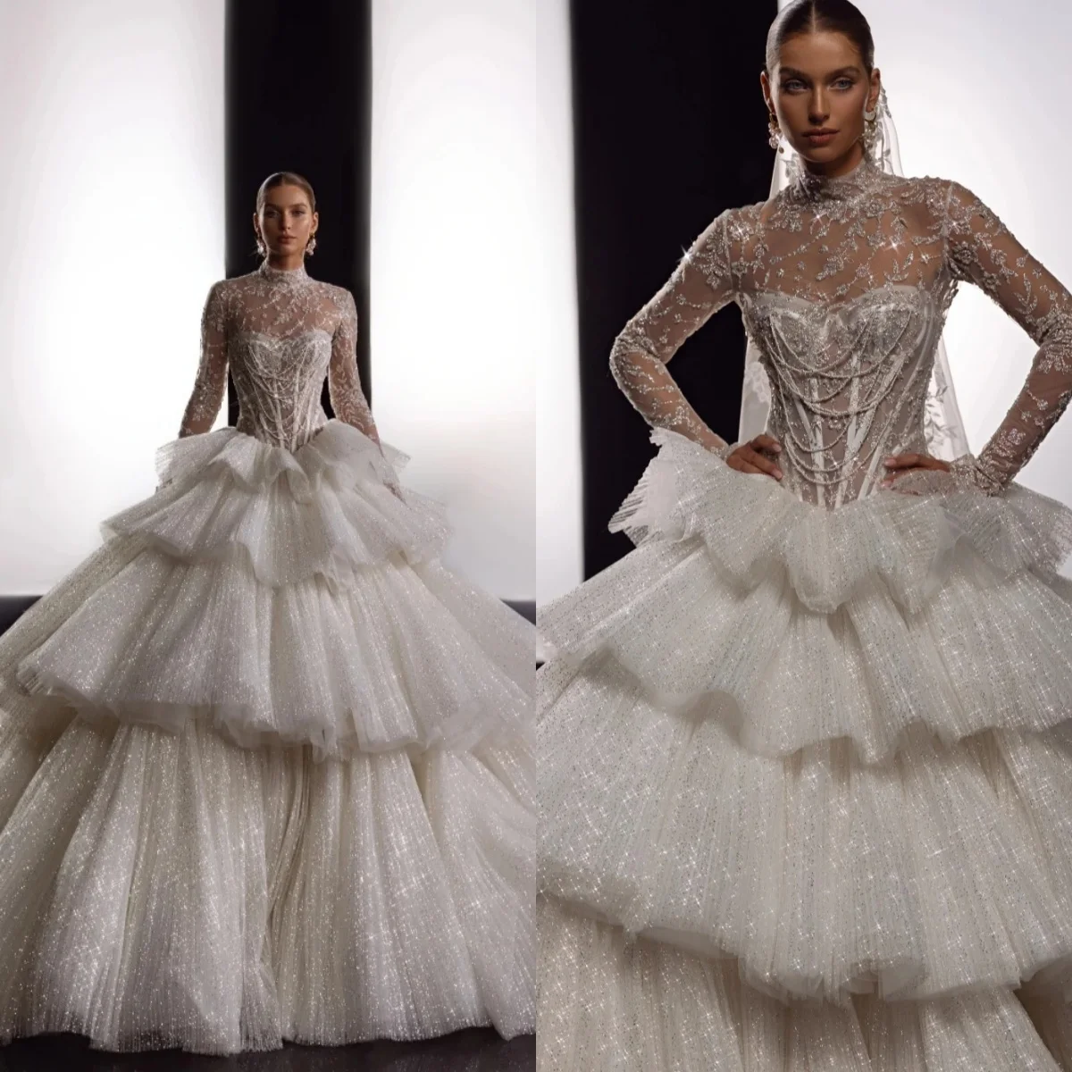 

Сексуальное бальное платье с высоким воротом, свадебное платье, блестящее свадебное платье с цветочным принтом и жемчугом, многоуровневое пышное платье по индивидуальному заказу, платья de novia