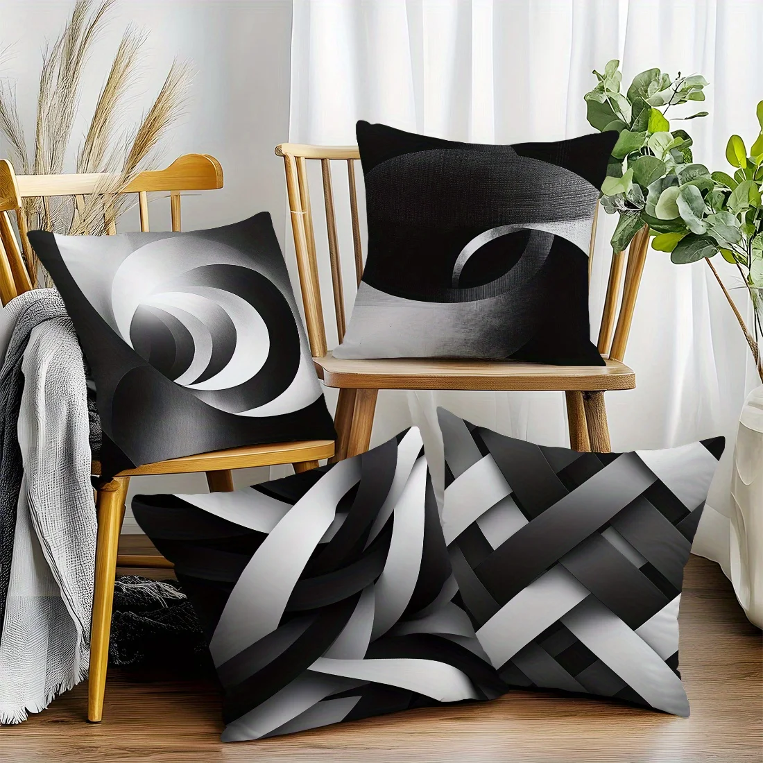 Juego  4 fundas  almohada geométricas abstractas en negro, blanco y gris (17.71*17.71In/45*45Cm) para una coración cómoda