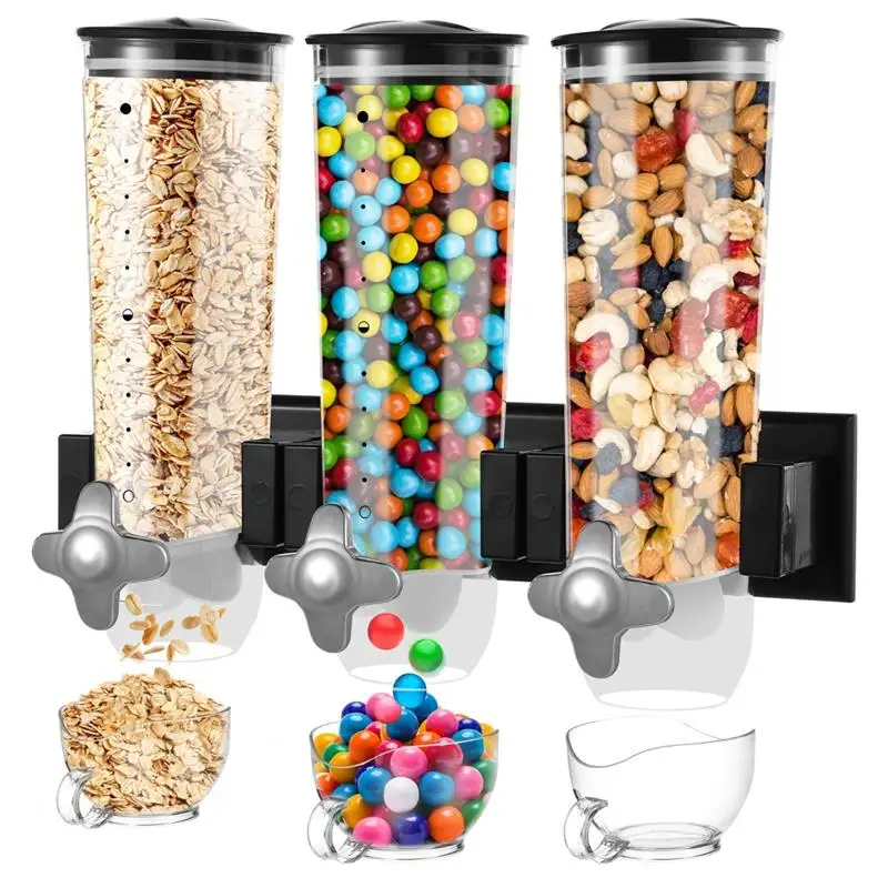 3-Headed Wall-Mounted Cereal Dispenser 4.5L Large Capacity Dry Food Dispenser Wall Mounting Candy Dispenser Clear Wall Grain